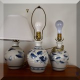 DL08. 3 Blue and white pottery lamps. Approx. 16”h 